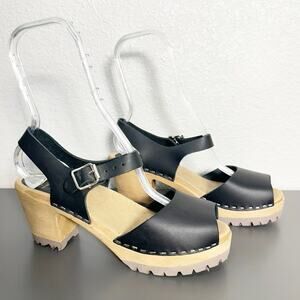 MIA 1976 Womens Greta Swedish Wooden Clog Sandal Black Leather Peep Toe 40 / 9
